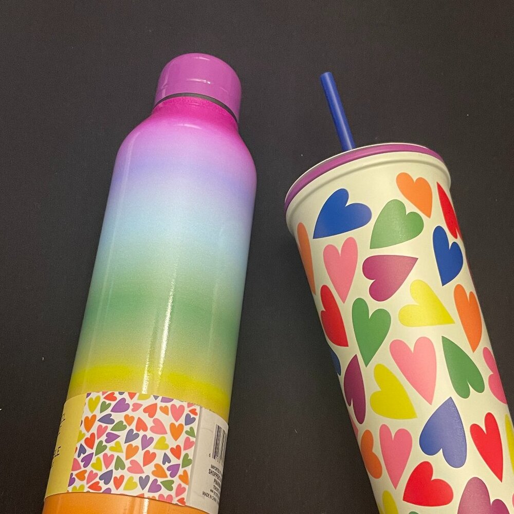 NWT. Large Rainbow Water Bottle and Rainbow Hearts Tumbler.